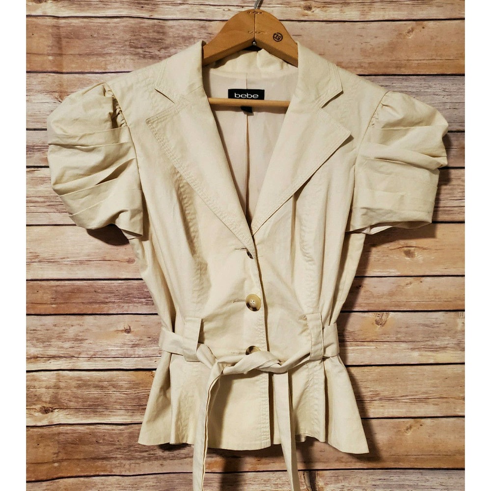 Bebe Belted Khaki Top Blaze Size 2 Puffed Sleeves